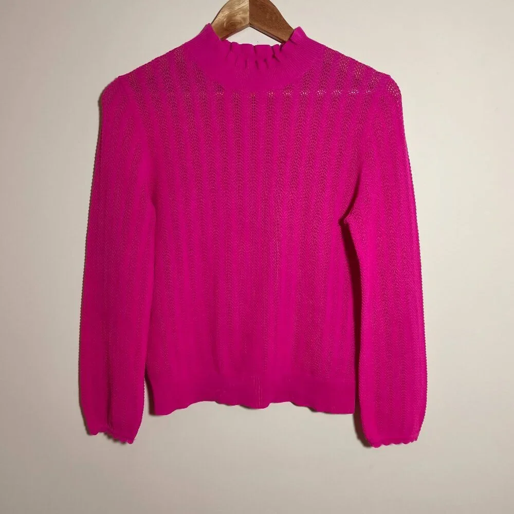 J Crew Scalloped Cuff Pointelle Mock Neck Sweater sz S Hot Pink Preppy Feminine